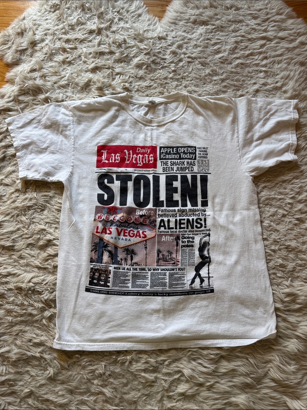 Anvil White Graphic 'Las Vegas Stolen' Newspaper Print T-Shirt